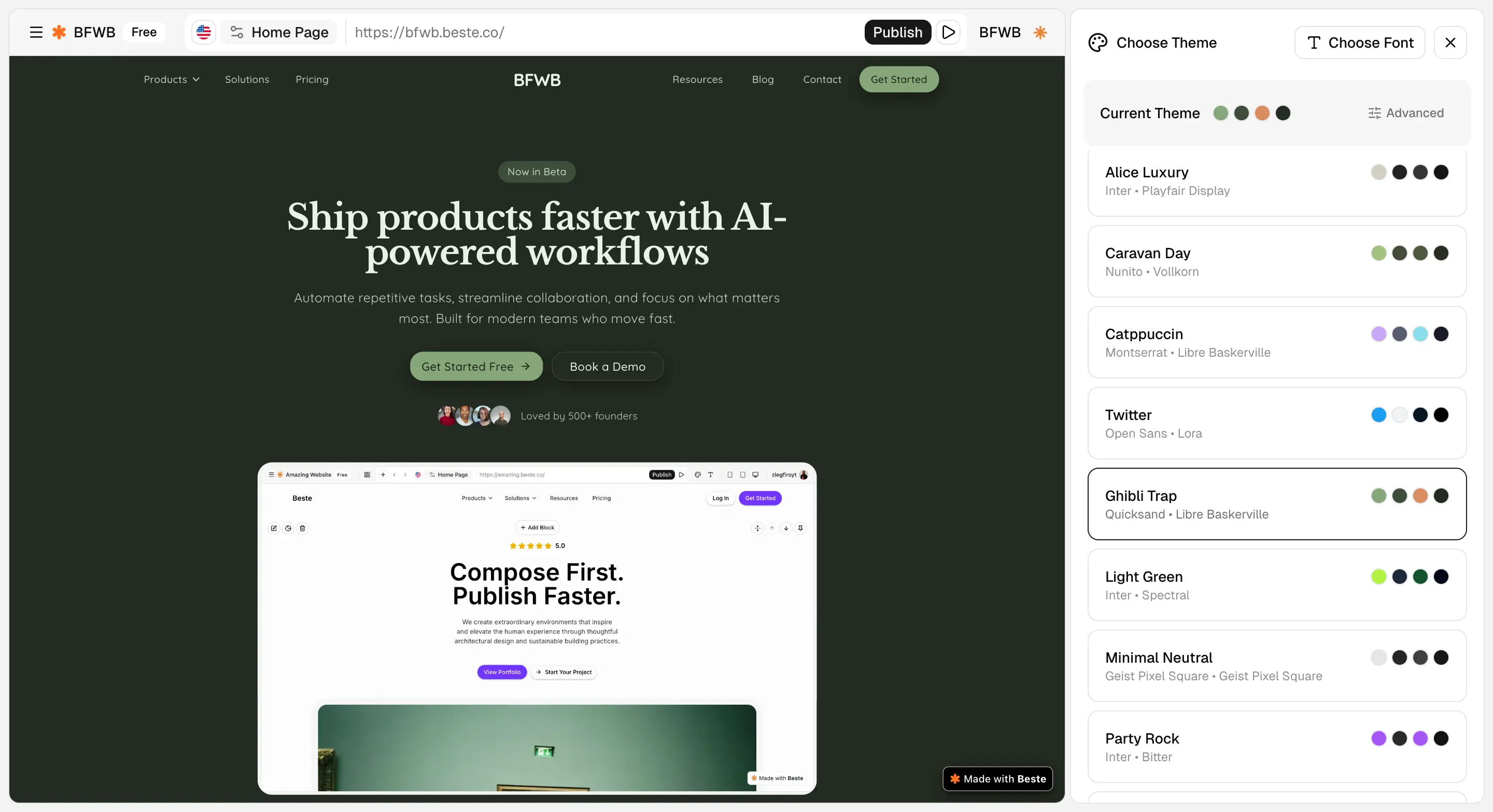 Beste theme selection screen