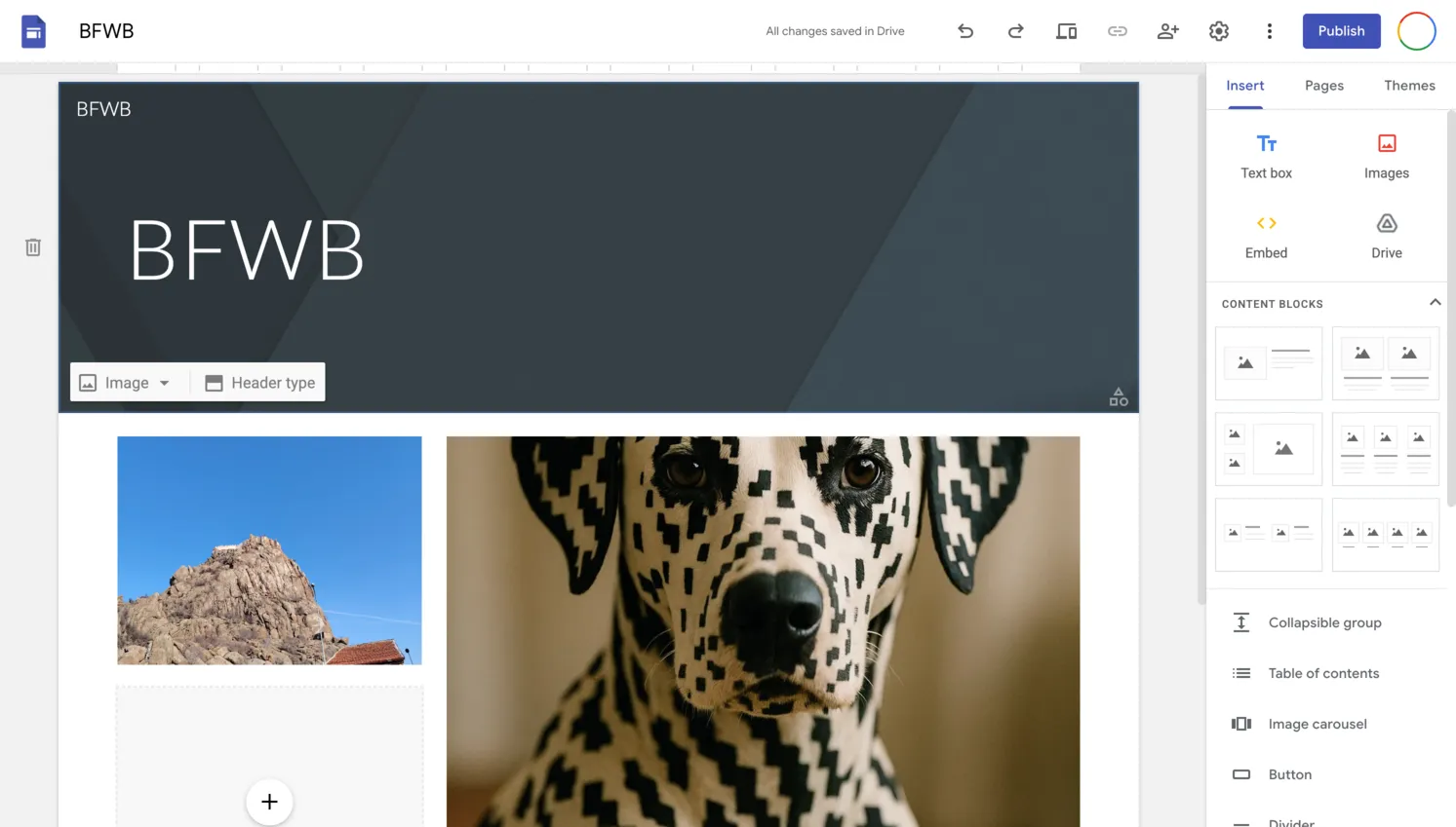 Google Sites editor interface