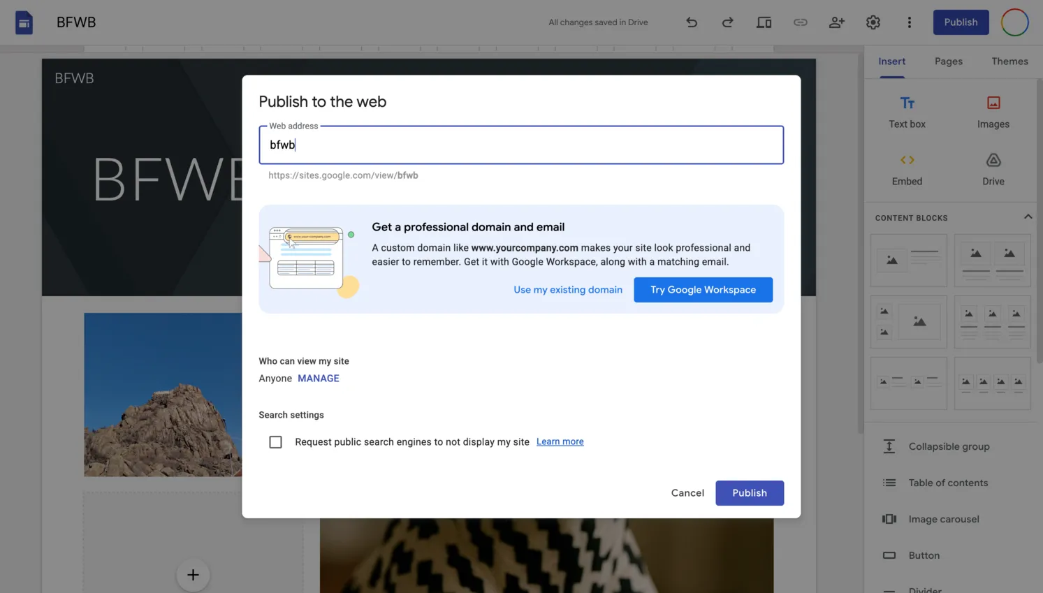 Google Sites publish screen