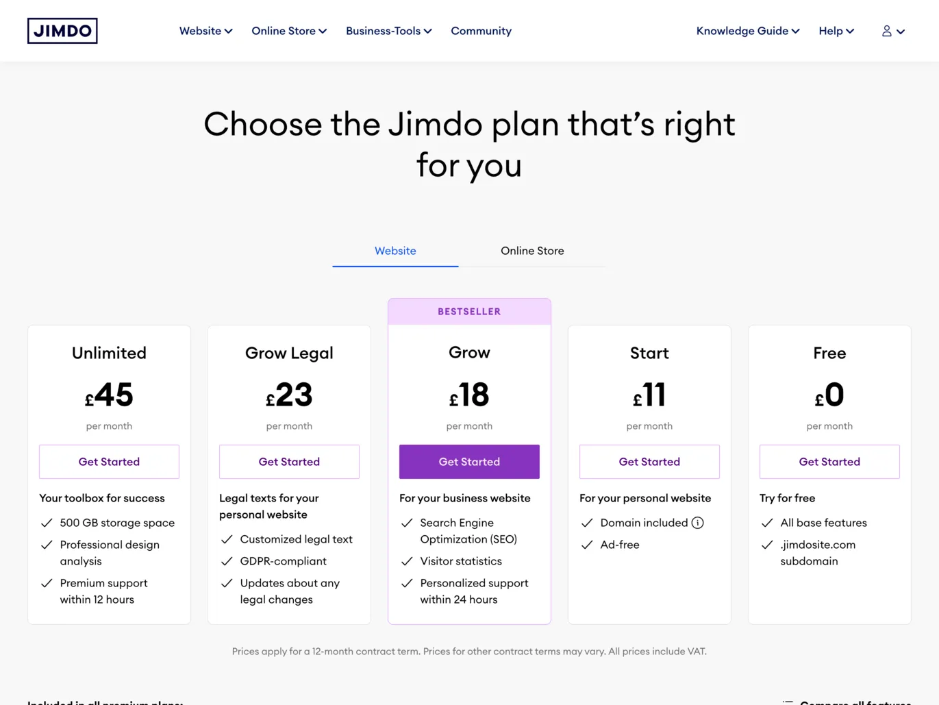 Jimdo pricing plans
