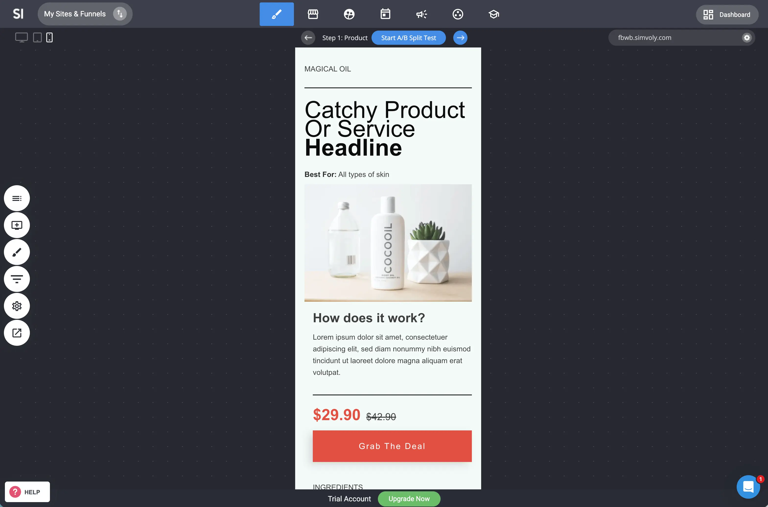 Simvoly editor with desktop, tablet and mobile views