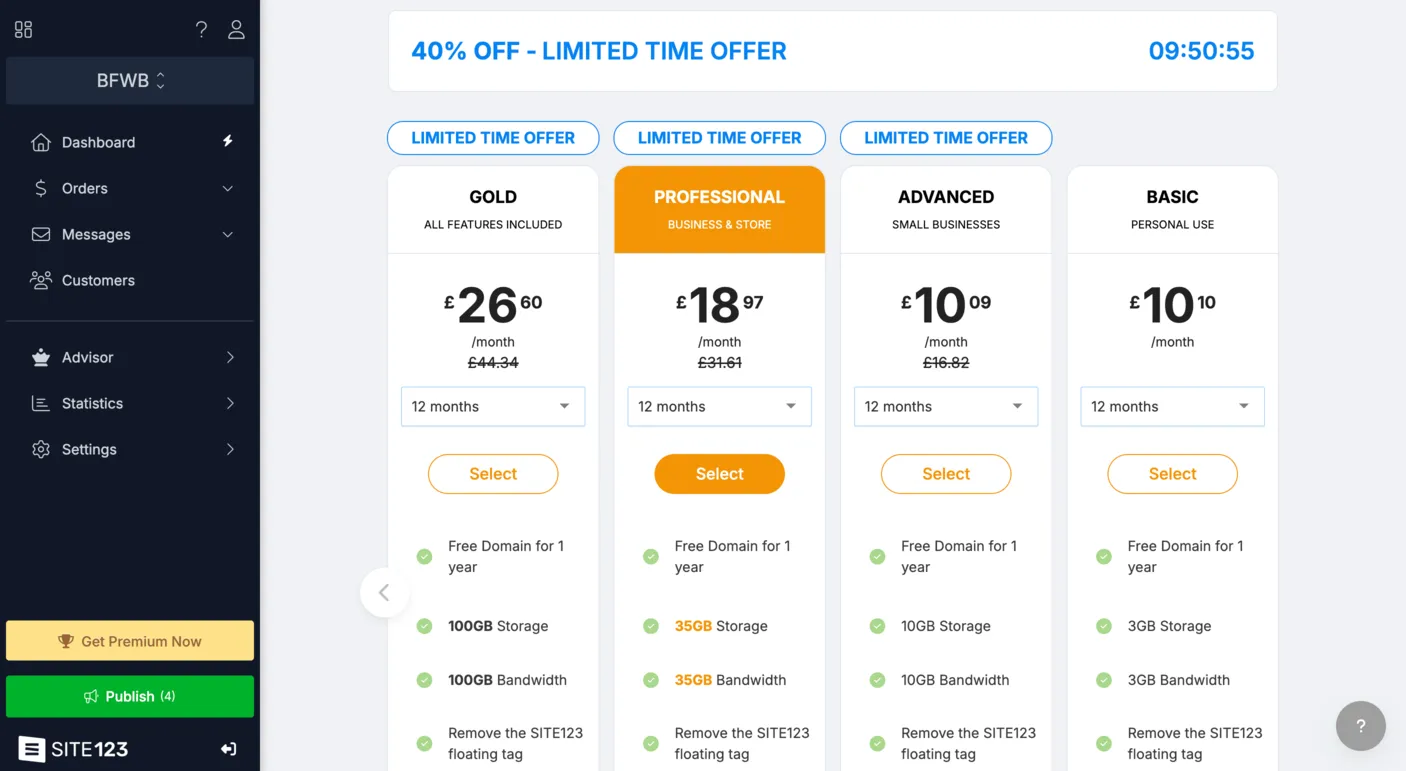 SITE123 pricing plans