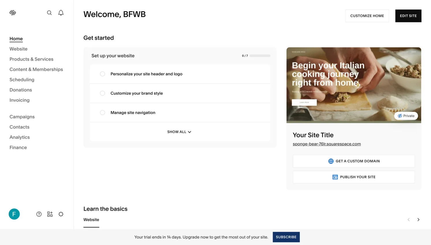 Squarespace dashboard