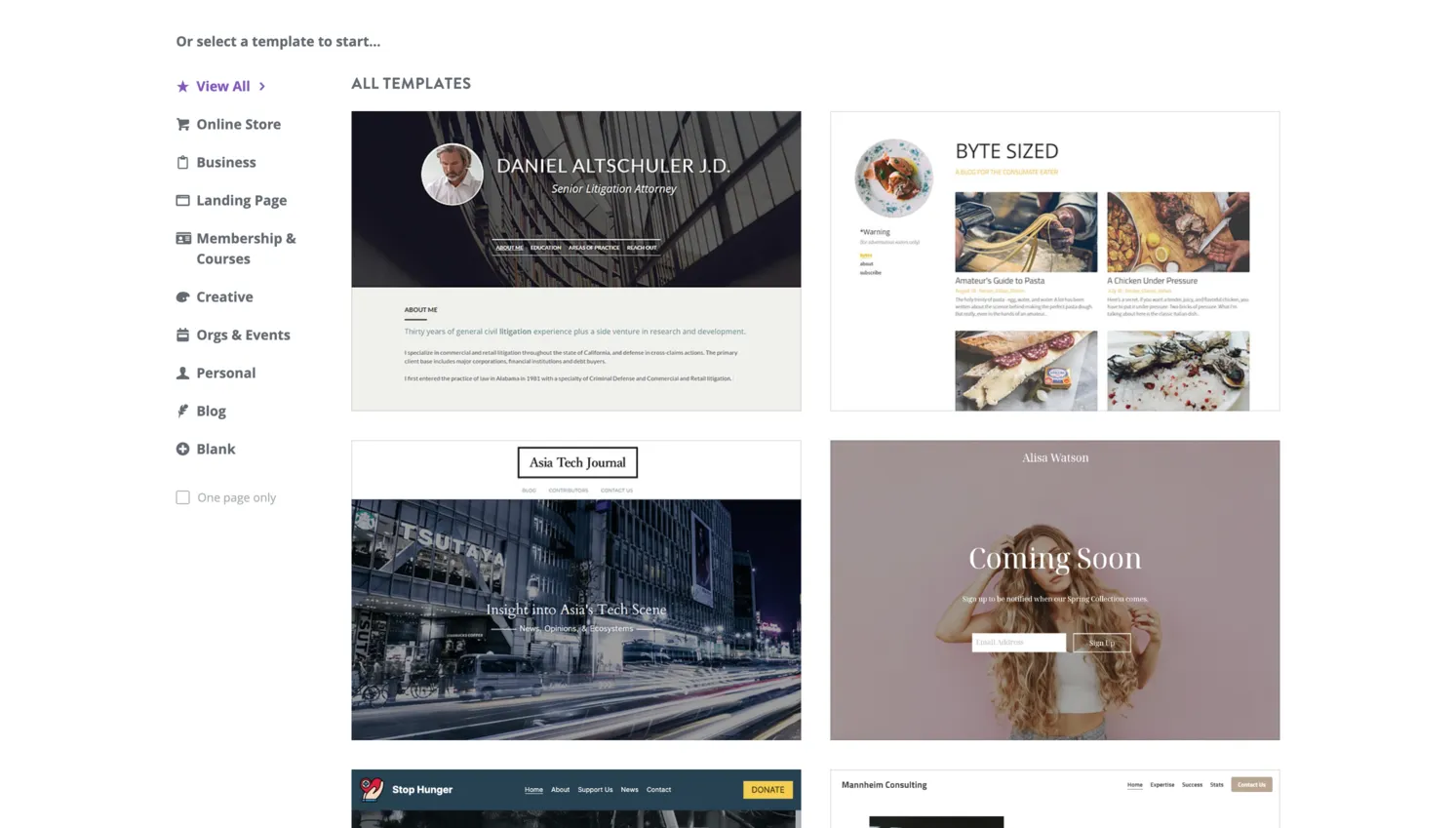 Strikingly theme selection