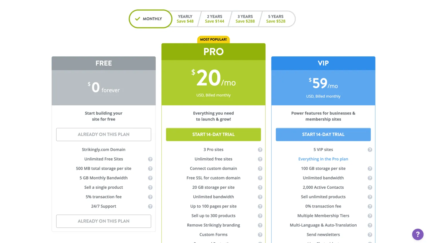 Strikingly pricing plans