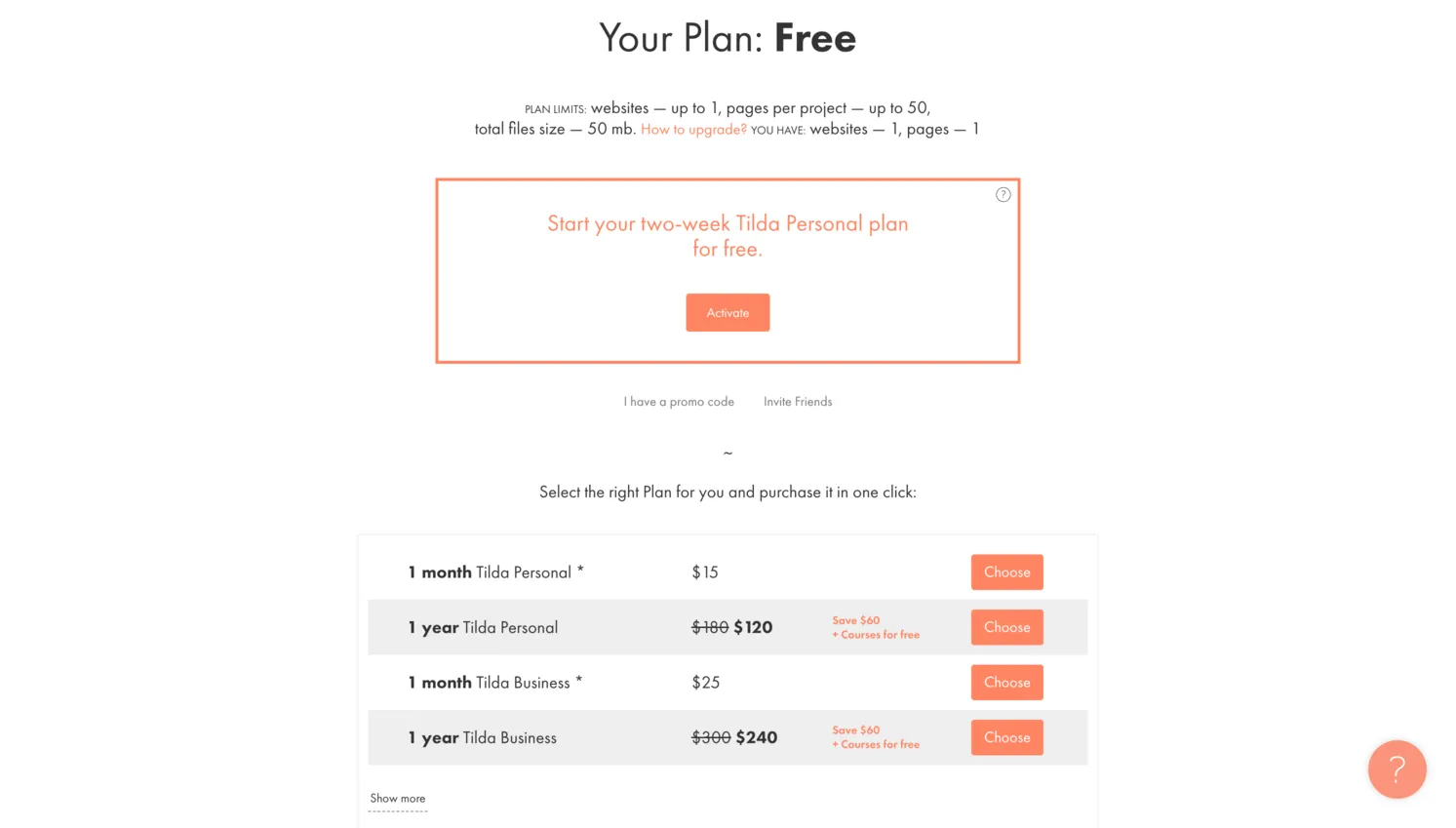 Tilda pricing plans
