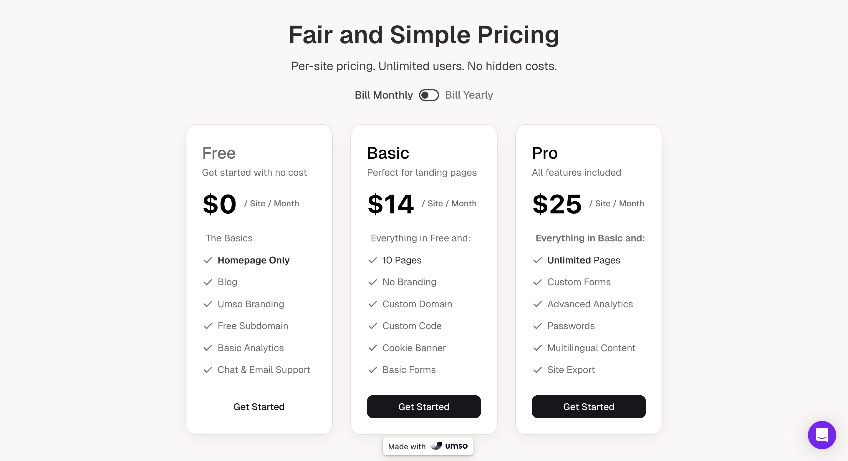 Umso pricing page