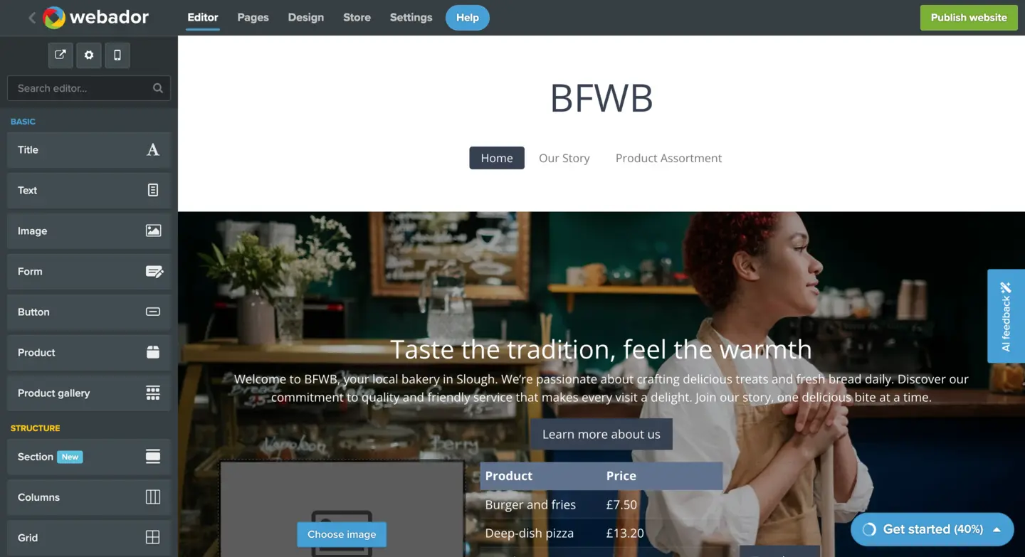 Webador editor interface