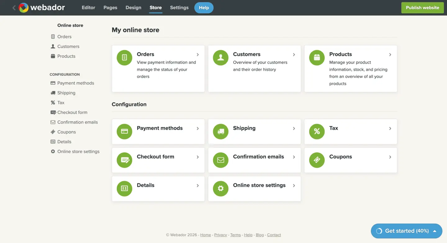 Webador website dashboard