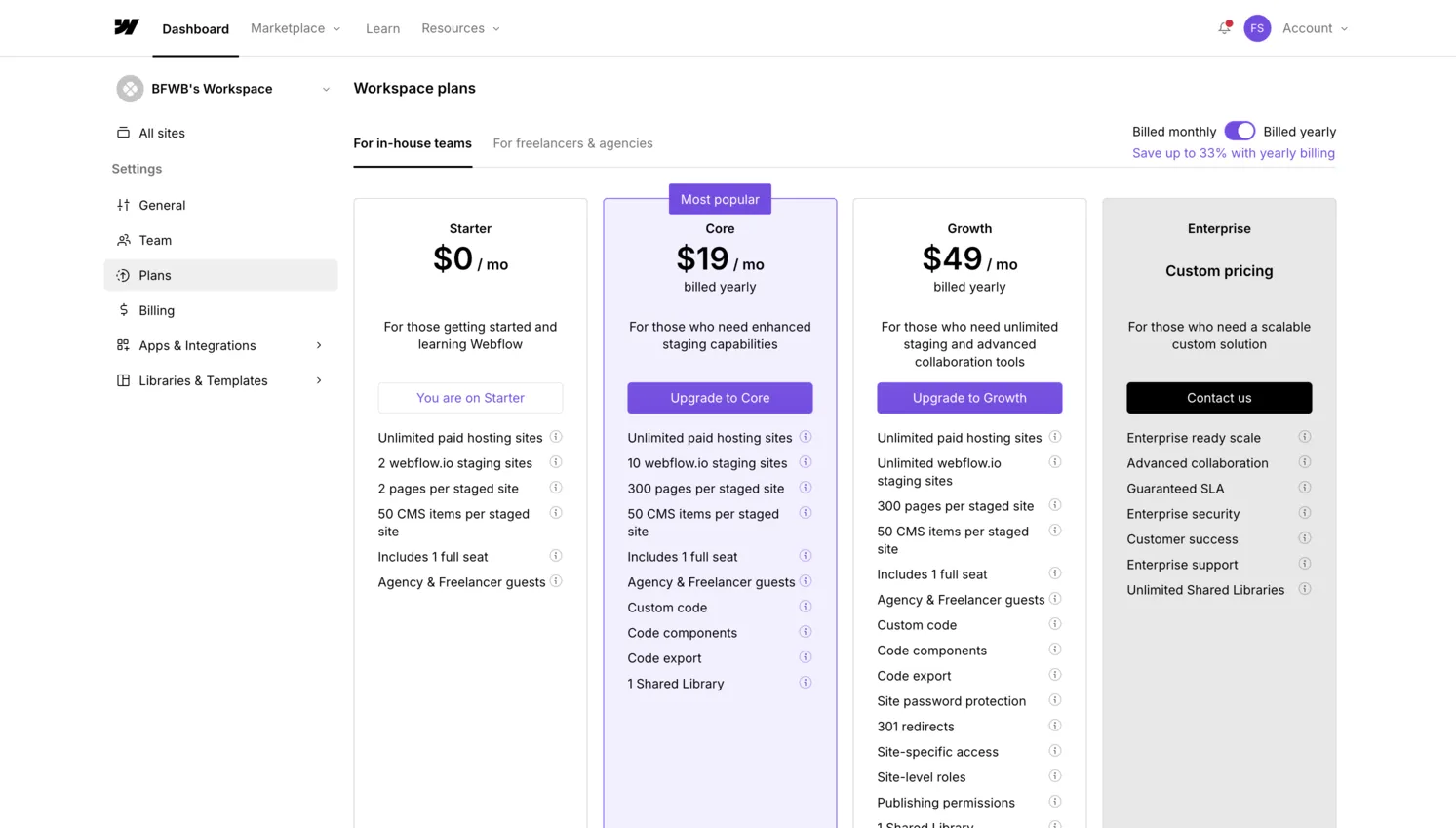 Webflow pricing plans