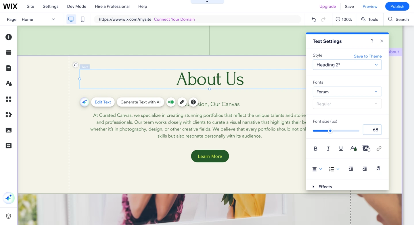 Wix editor interface